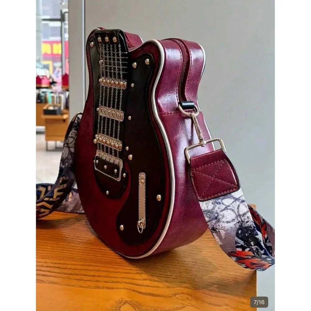 Novelty Guitar Shaped Crossbody Bag Burgundy Black Rocker Music‎ Festival Purse